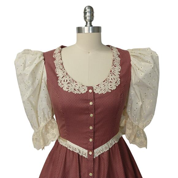 Gunne Sax Red Polka Dot Midi Dress Size 9 Eyelet Lace Prairie Calico - Picture 3 of 11